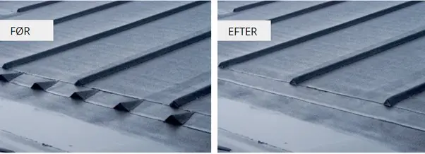 Et før og efter billede af en tagflade med og uden kanalstaf